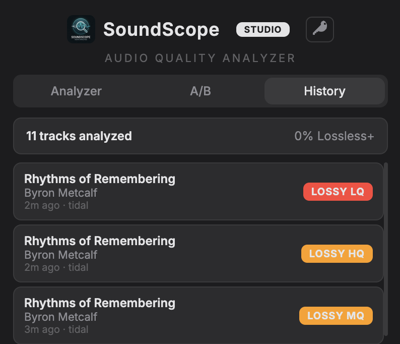 SoundScope listening history with quality verdicts
